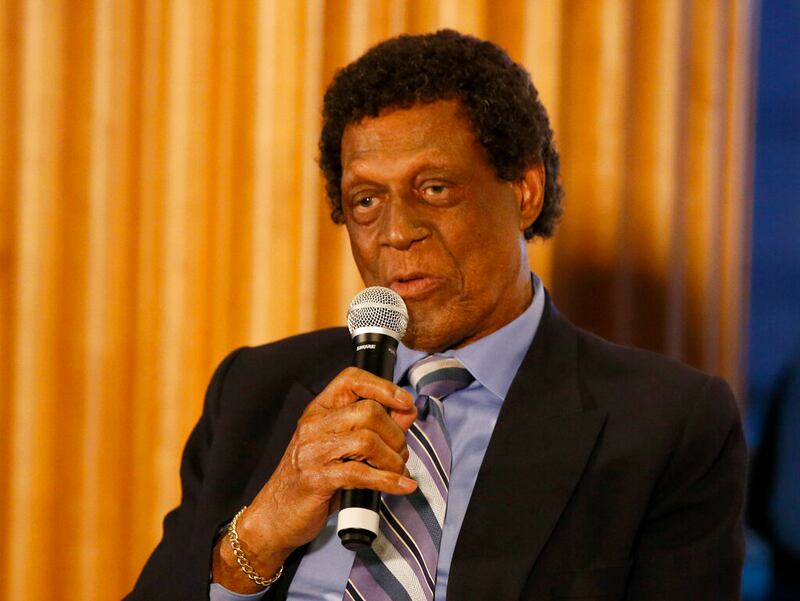 FILE PHOTO: NBA Hall of Fame and former player, Elgin Baylor speaks at an event before an NBA basketball game between the Los Angeles Clippers and the Dallas Mavericks in Los Angeles, Monday, Feb. 25, 2019. The Lakers announced the Hall of Famer died March 22 at the age of 86.