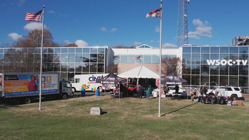 Viewers arrive at the WSOC-TV studios on Dec. 6, 2023, to drop off their coats for the 20th annual Steve’s Coats for Kids Collection Day.