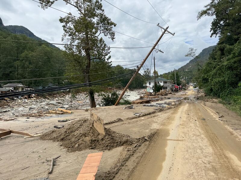 Damage left in Chimney Rock on Monday, Sept. 30, after flooding from Tropical Storm Helene