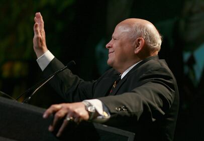 Speedway Motorsports, Inc. Chairman and CEO Bruton Smith gives his acceptance speech after being inducted into the Texas Motorsports Hall of Fame Wednesday, April 1, 2009 at The Speedway Club at Texas Motor Speedway.