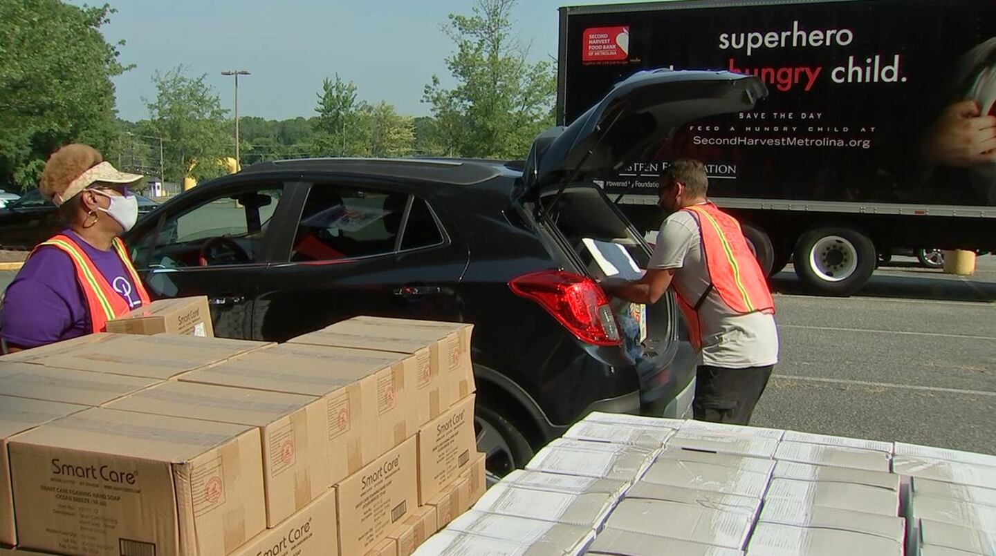 Hundreds of people showed up for a huge food and household supplies giveaway Thursday in east Charlotte.