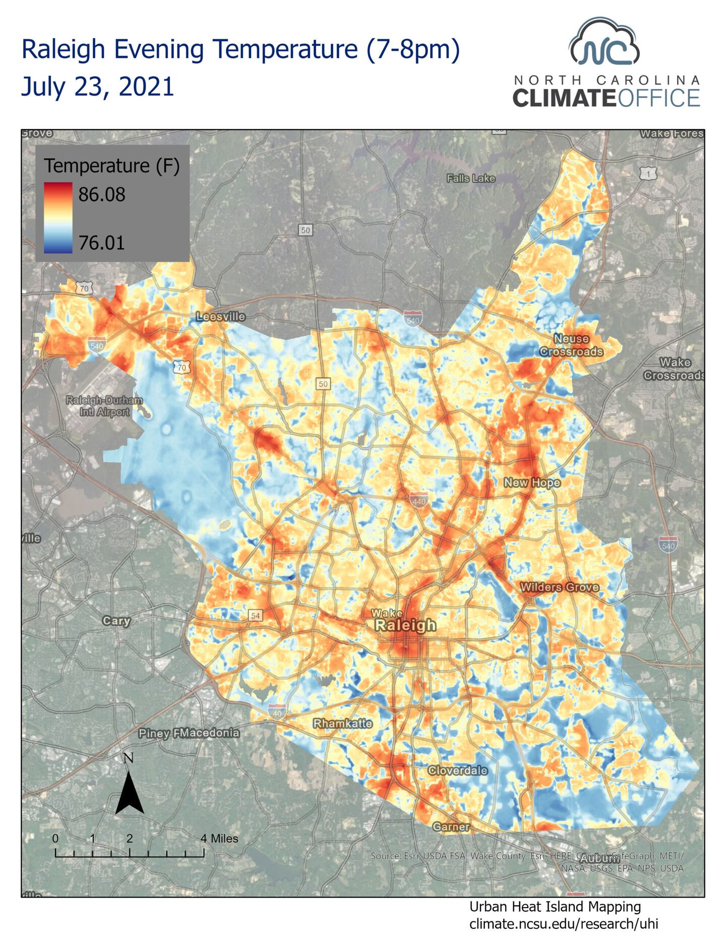 A map of Raleigh from the North Carolina State Climate Office showing the warmest parts of the city.