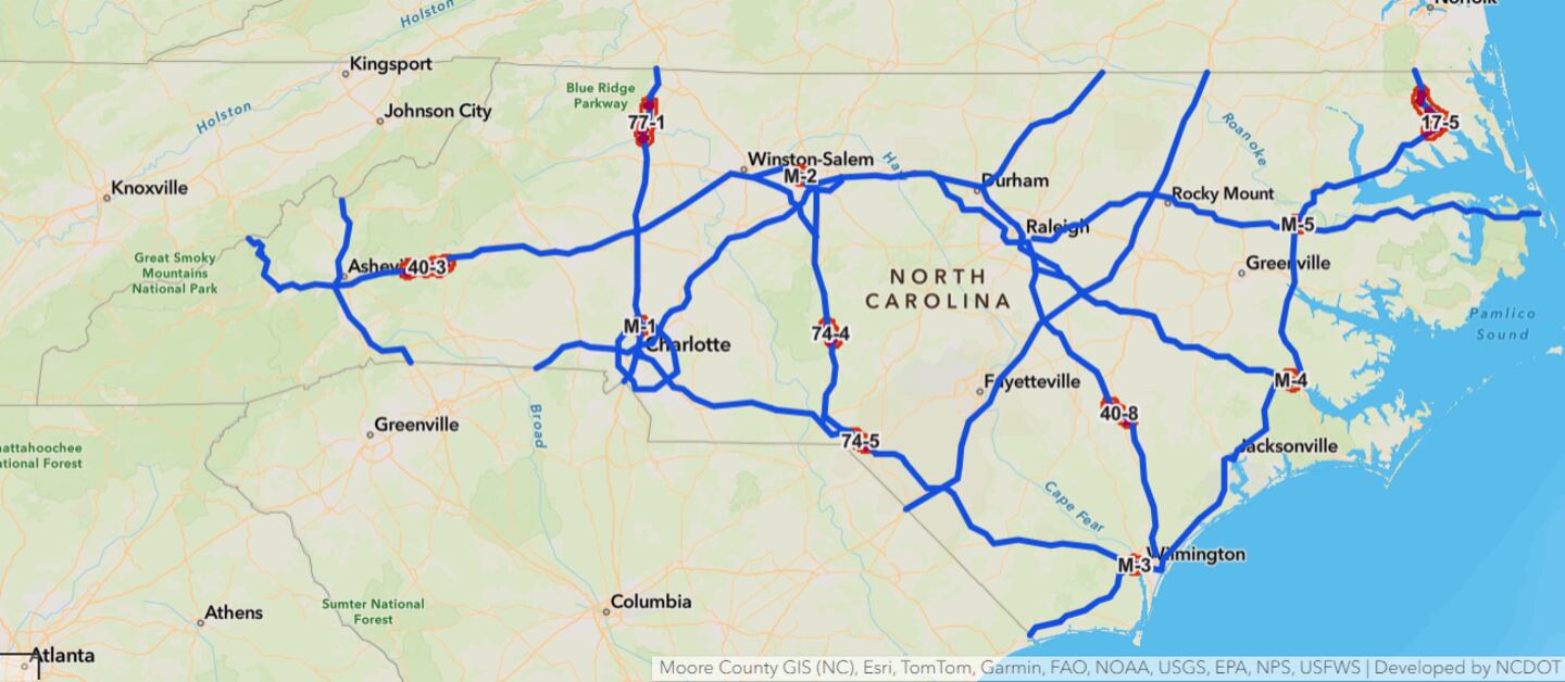 Map of proposed areas for EV charging stations released by NCDOT on Jan. 8, 2024