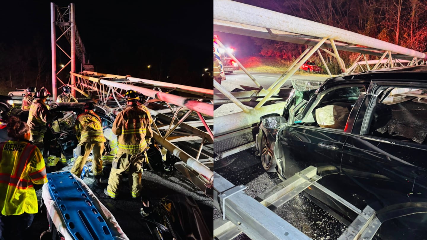 I-77 sign structure falls on car after being struck by drunk driver, NCDOT says