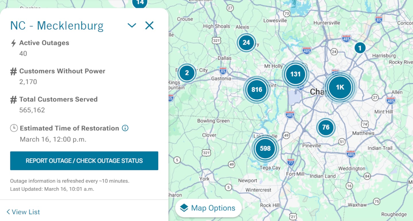 10:10 a.m. — Mecklenburg County power outages