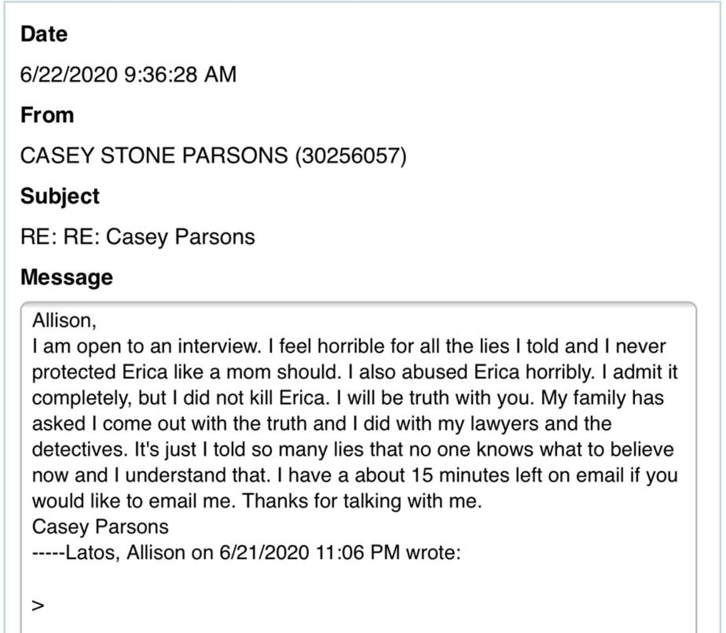 Casey Parsons responds to Channel 9's Allison Latos in June 2020.