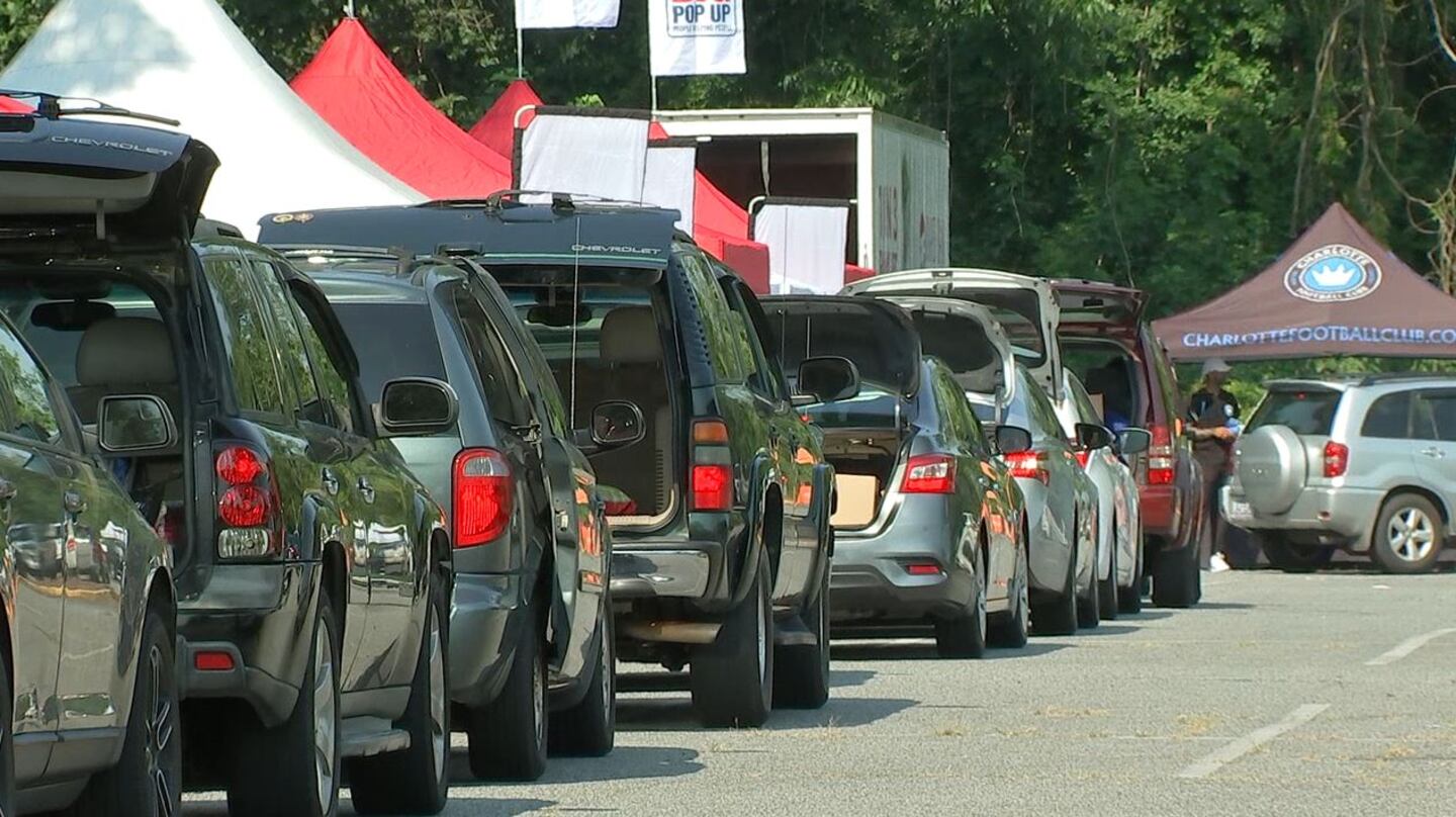 Hundreds of people showed up for a huge food and household supplies giveaway Thursday in east Charlotte.