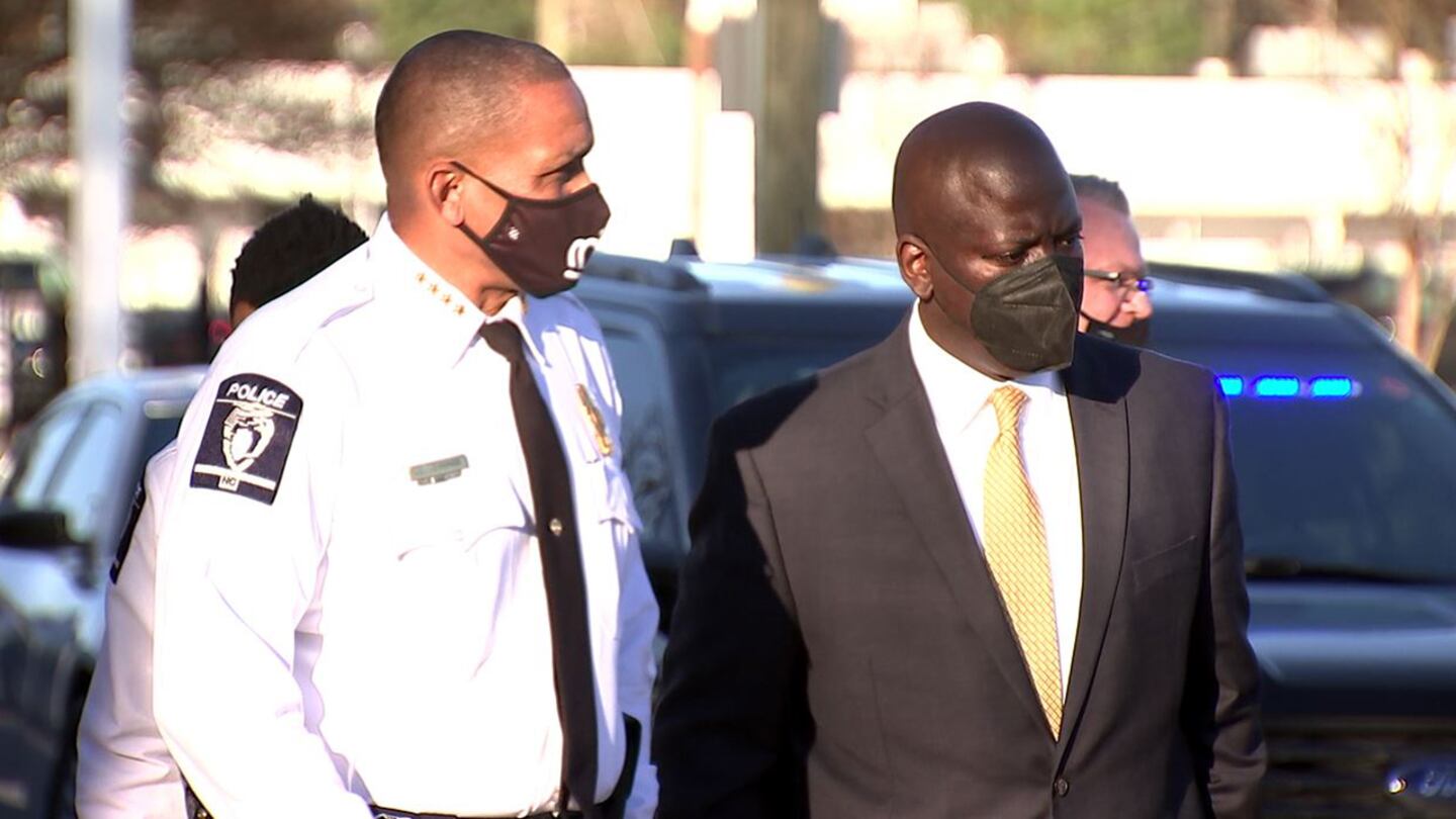 CMPD Chief Johnny Jennings and CMS Superintendent Earnest Winston speak to the press following a shooting outside West Charlotte High School on Monday, Dec. 13, 2021.