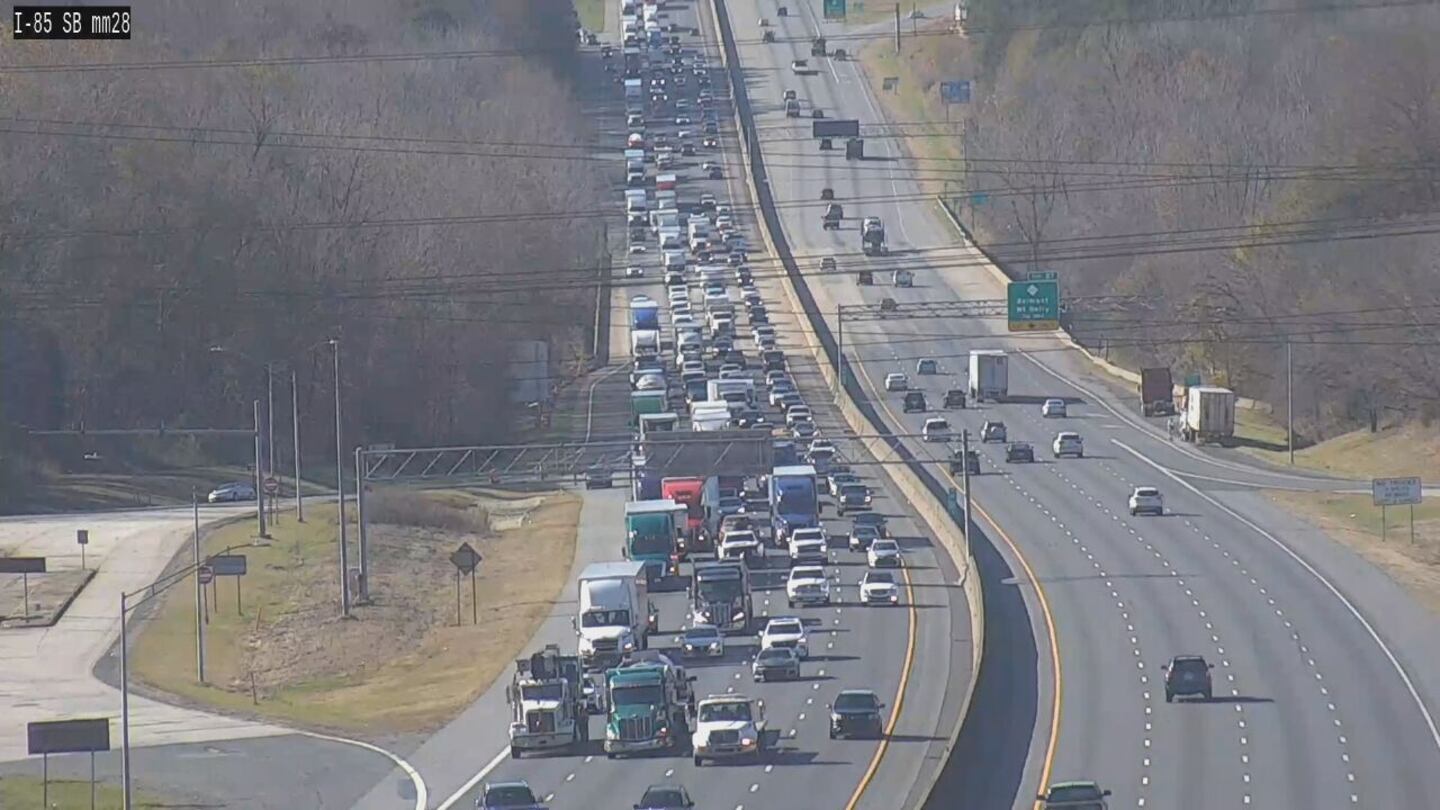 Backup in traffic on I-85 near Moores Chapel Road after tractor-trailer flips over on Nov. 27, 2023