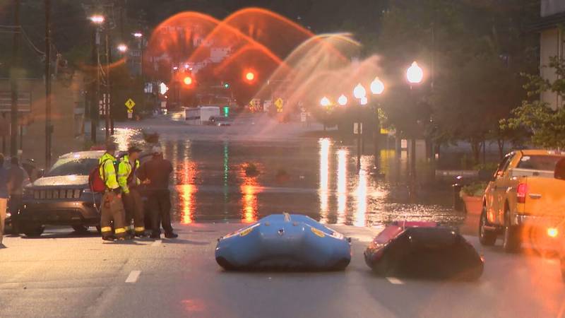AUGUST 17, 2021 - Much of the Canton was underwater Tuesday, following major flooding along the Pigeon River. (Photo credit: WLOS staff)