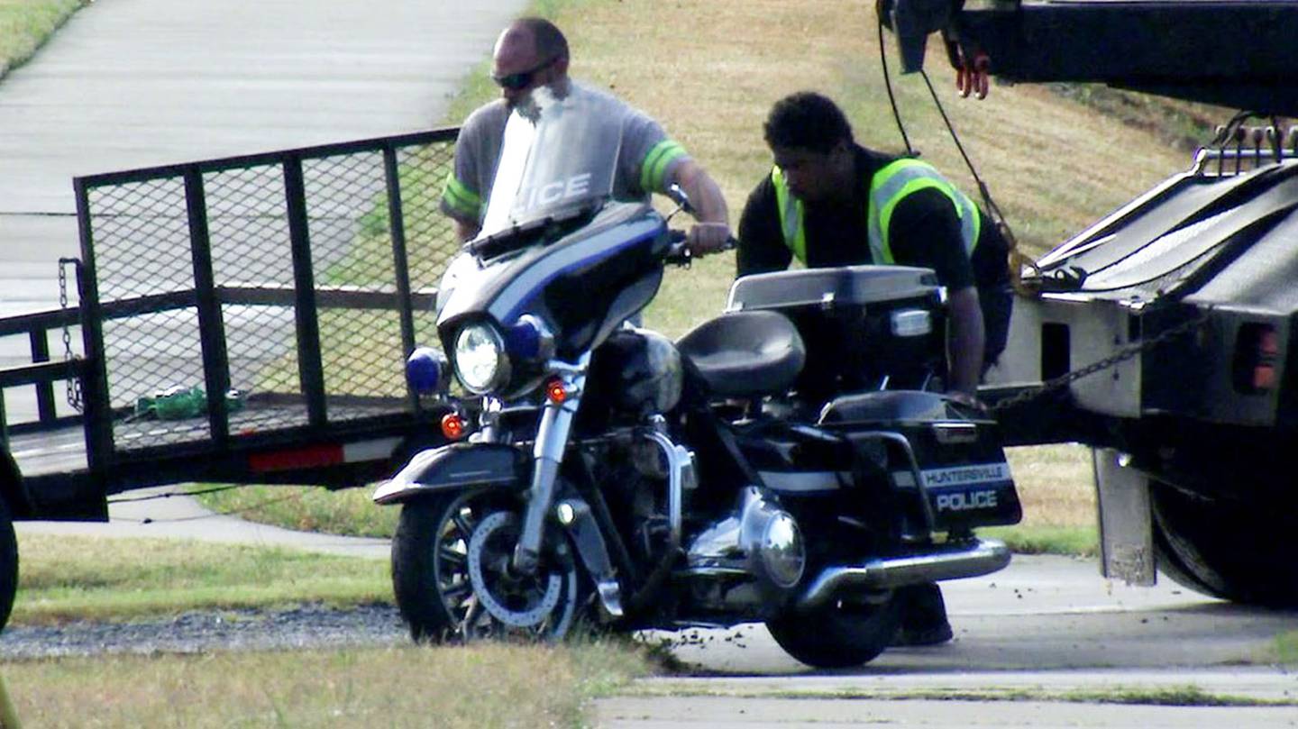 A police motorcycle officer was seriously injured following a crash in Huntersville on Friday, Oct. 29, 2021.