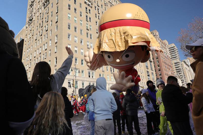 NEW YORK, NEW YORK - NOVEMBER 23: The Monkey D. Luffy balloon heads down the parade route during the Macy's Thanksgiving Day Parade on November 23, 2023 in New York City. (Photo by Michael Loccisano/Getty Images)