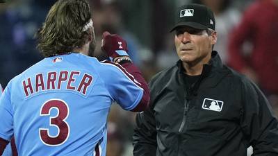 Phillies star Bryce Harper ejected, launches helmet into stands after charging at umpire Ángel Hernández