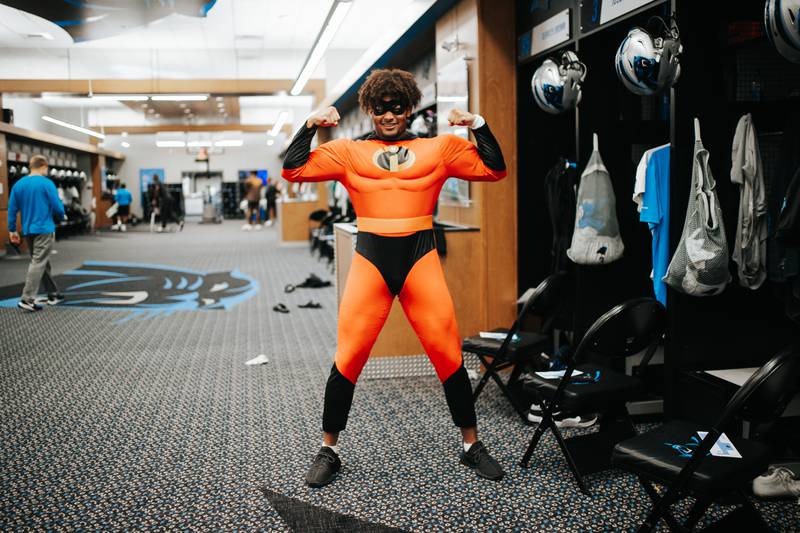 Panthers rookie Tommy Tremble as Mr. Incredible.
