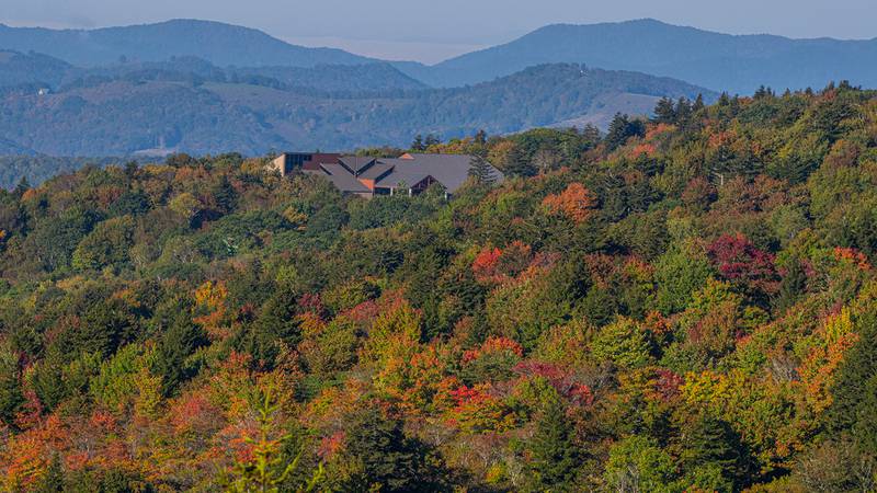 Oct. 3, 2023: Fall color continues to emerge at the highest elevations of Grandfather Mountain. This photo was taken from the end of the Black Rock Trail looking toward the Wilson Center for Nature Discovery.