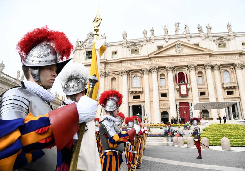 VATICAN CITY, VATICAN - MARCH 31: Soldiers stand guard as Pope Francis celebrates the Easter Sunday Mass at St. Peter's Square, in Vatican City, Vatican, on March 31, 2024. Easter is a Christian festivity which celebrates the resurrection of Jesus on the third day of his death by crucifixion. (Photo by Isabella Bonotto/Anadolu via Getty Images)