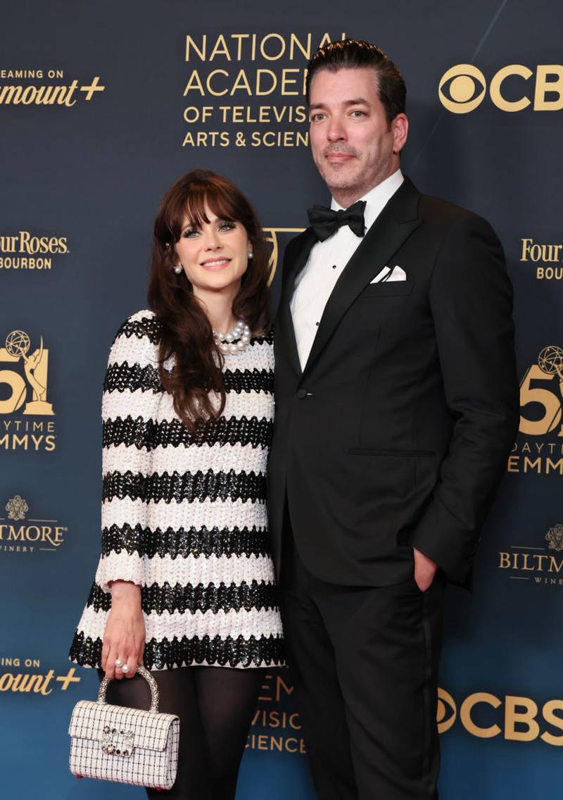 LOS ANGELES, CALIFORNIA - JUNE 07: (L-R) Zooey Deschanel and Jonathan Scott attend the 51st annual Daytime Emmys Awards at The Westin Bonaventure Hotel & Suites, Los Angeles on June 07, 2024 in Los Angeles, California. (Photo by Rodin Eckenroth/Getty Images)